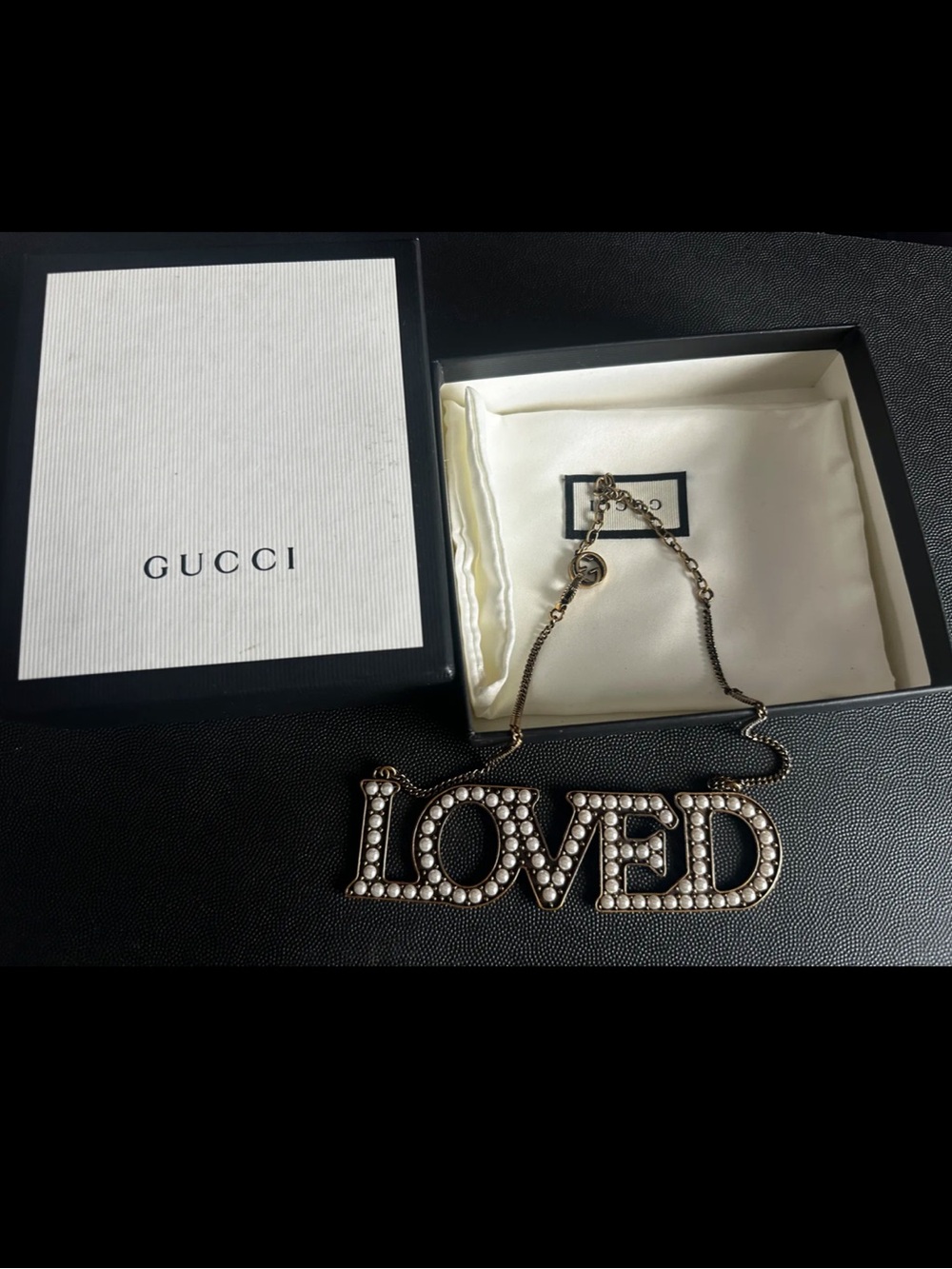 Gucci Aged Gold LOVED Pearl Statement Letter Necklace Box & Dust Bag